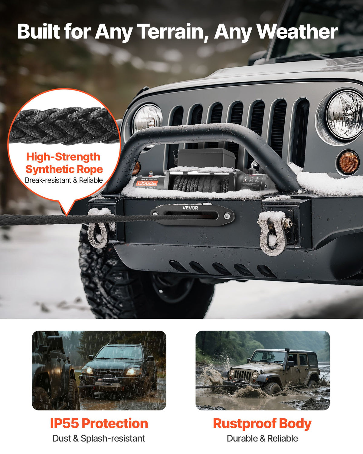 VEVOR Electric Winch 12 V, 6100 kg Pull Force, Synthetic Rope Ø9.5 mm × 26 m, Wireless and Wired Remote Control, IP55 Protection for Off-Road Vehicles, Jeeps, Trailers and Boats