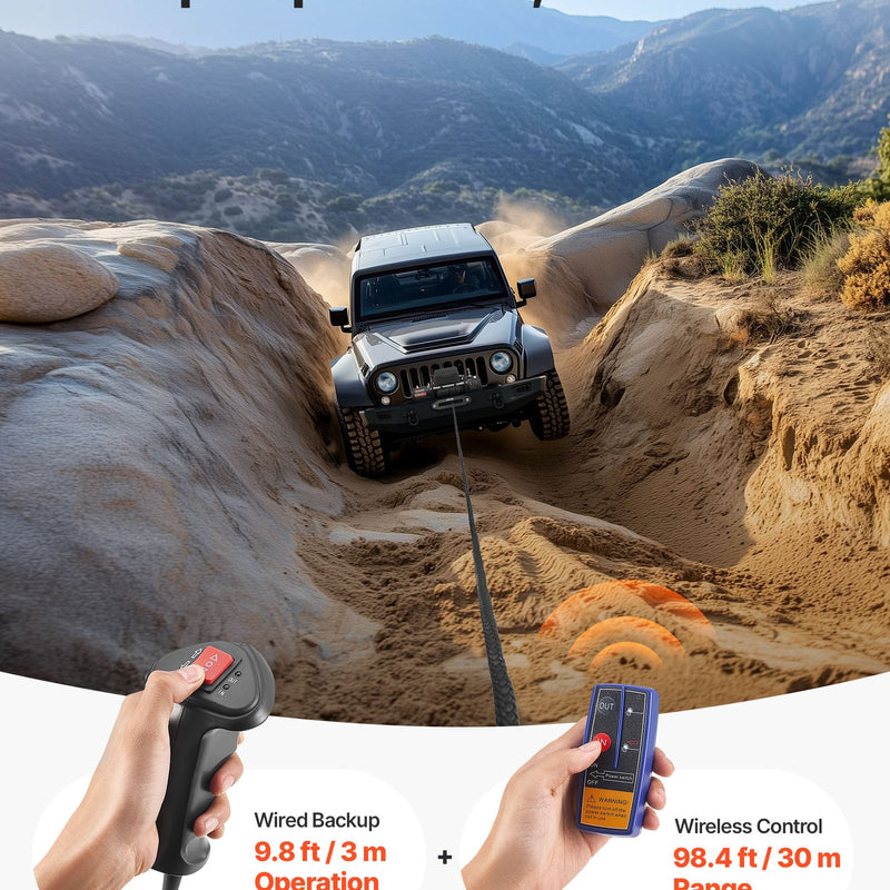 VEVOR elektriskā vinča 12 V, vilkšanas jauda 6100 kg, sintētiskā trose Ø9,5 mm × 26 m, bezvadu un vadu tālvadība, IP55 aizsardzība apvidus auto, džipiem, piekabēm un laivām