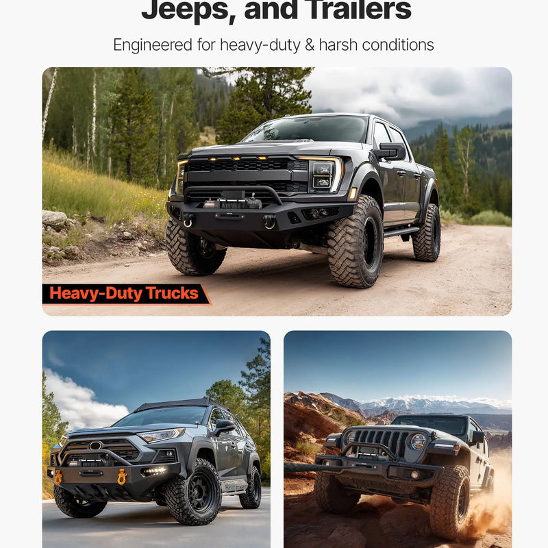 VEVOR elektriskā vinča 12 V, vilkšanas jauda 6100 kg, sintētiskā trose Ø9,5 mm × 26 m, bezvadu un vadu tālvadība, IP55 aizsardzība apvidus auto, džipiem, piekabēm un laivām