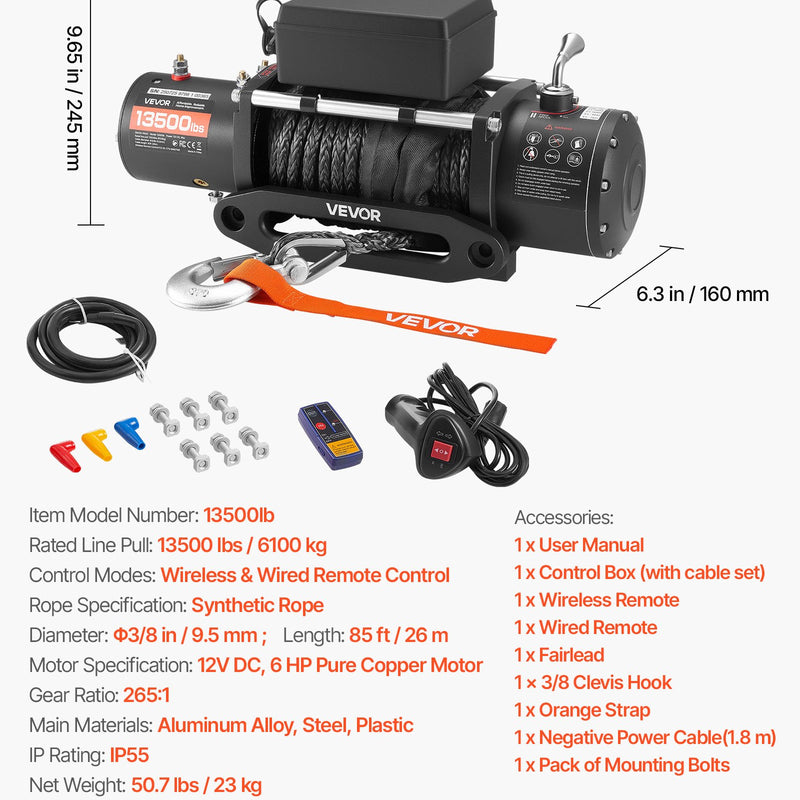 VEVOR elektriskā vinča 12 V, vilkšanas jauda 6100 kg, sintētiskā trose Ø9,5 mm × 26 m, bezvadu un vadu tālvadība, IP55 aizsardzība apvidus auto, džipiem, piekabēm un laivām