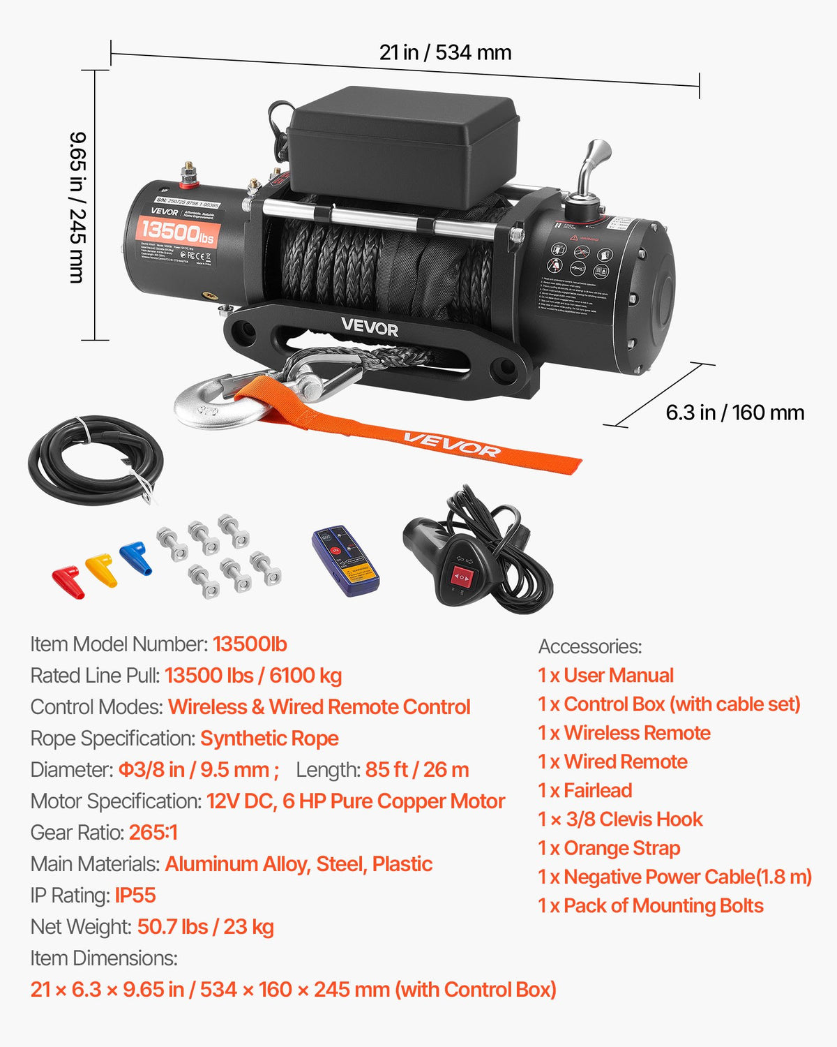 VEVOR Electric Winch 12 V, 6100 kg Pull Force, Synthetic Rope Ø9.5 mm × 26 m, Wireless and Wired Remote Control, IP55 Protection for Off-Road Vehicles, Jeeps, Trailers and Boats