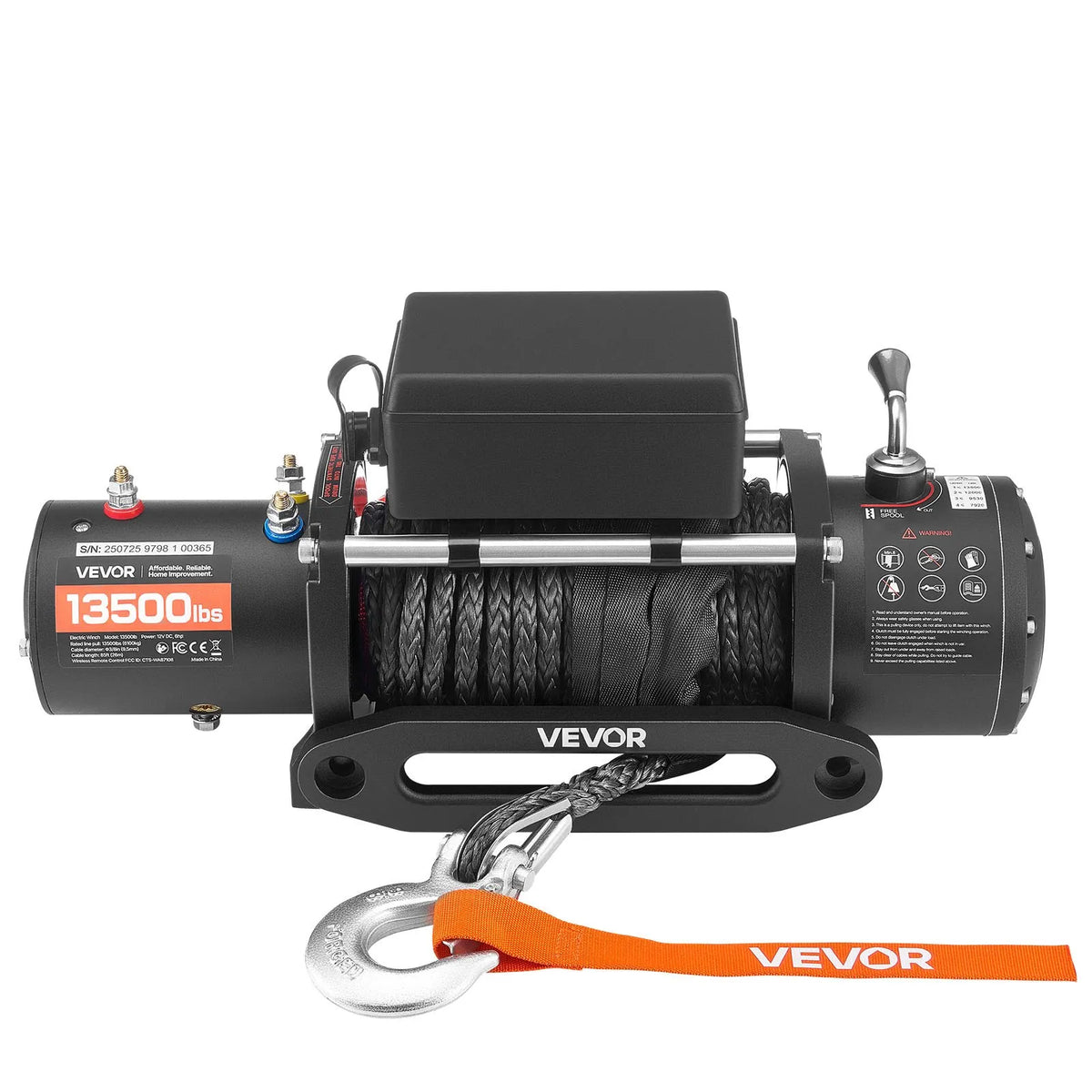 VEVOR Electric Winch 12 V, 6100 kg Pull Force, Synthetic Rope Ø9.5 mm × 26 m, Wireless and Wired Remote Control, IP55 Protection for Off-Road Vehicles, Jeeps, Trailers and Boats