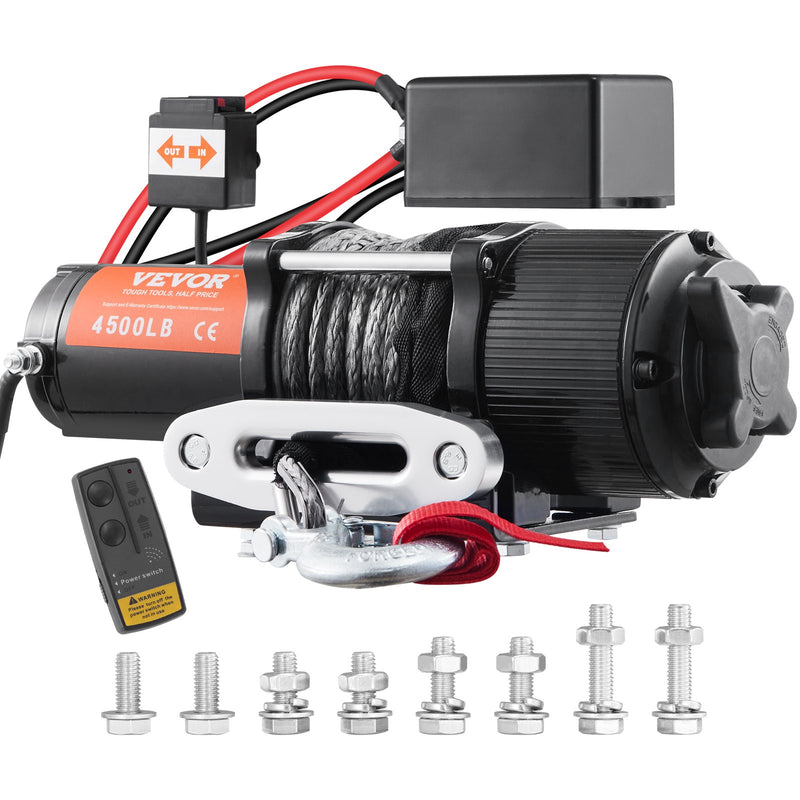 VEVOR elektriskā vinča, 12 V, 2041 kg vilkšanas jauda, ar neilona trosi (6 mm × 12 m), IP55, bezvadu tālvadība, Hawse troses vadotne – ATV, UTV, džipiem, piekabēm, laivām, auto un bezceļa transportlīdzekļiem