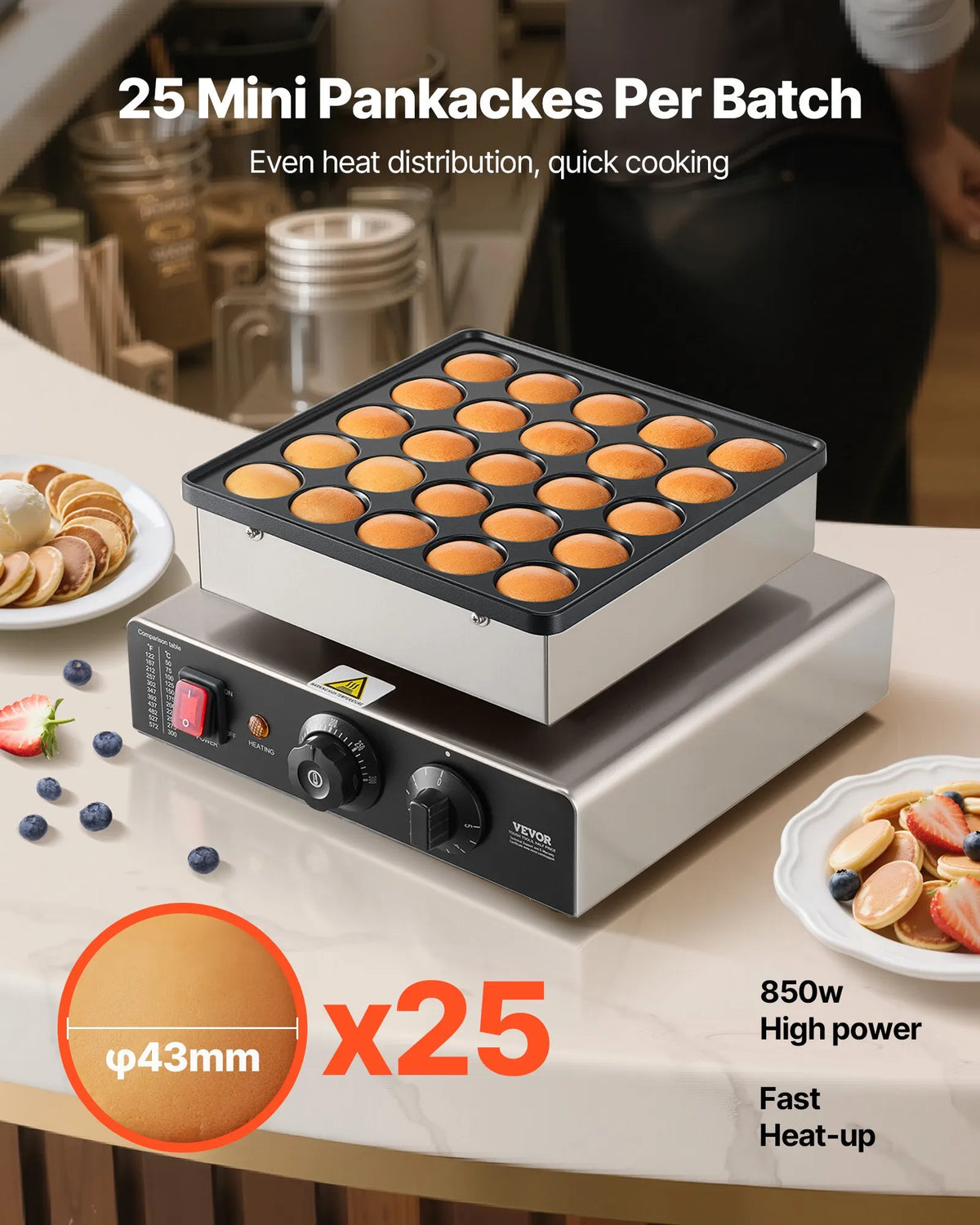 VEVOR Mini Pancake (Poffertjes) Machine 25 Pieces Ø43 mm with Temperature and Time Control