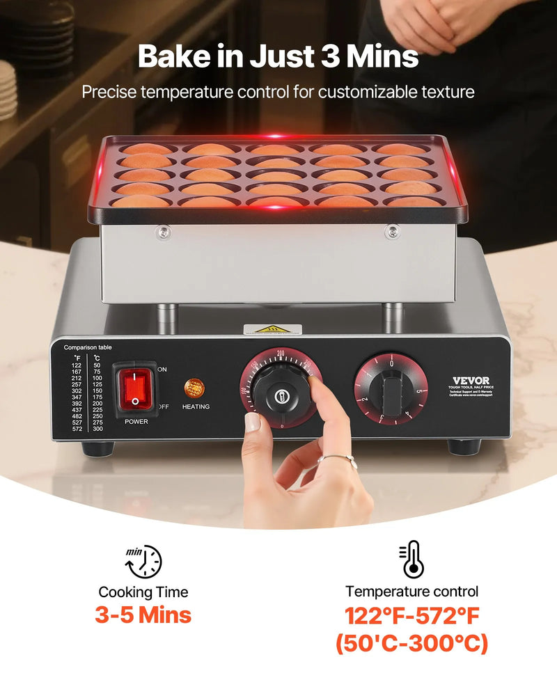 Mini pankūku aparāts, 25 gab. Ø43 mm, nerūsējošā tērauda poffertjes grils ar nepiedegošu pārklājumu, elektriska komerciālā dorayaki mašīna ar temperatūras un laika kontroli
