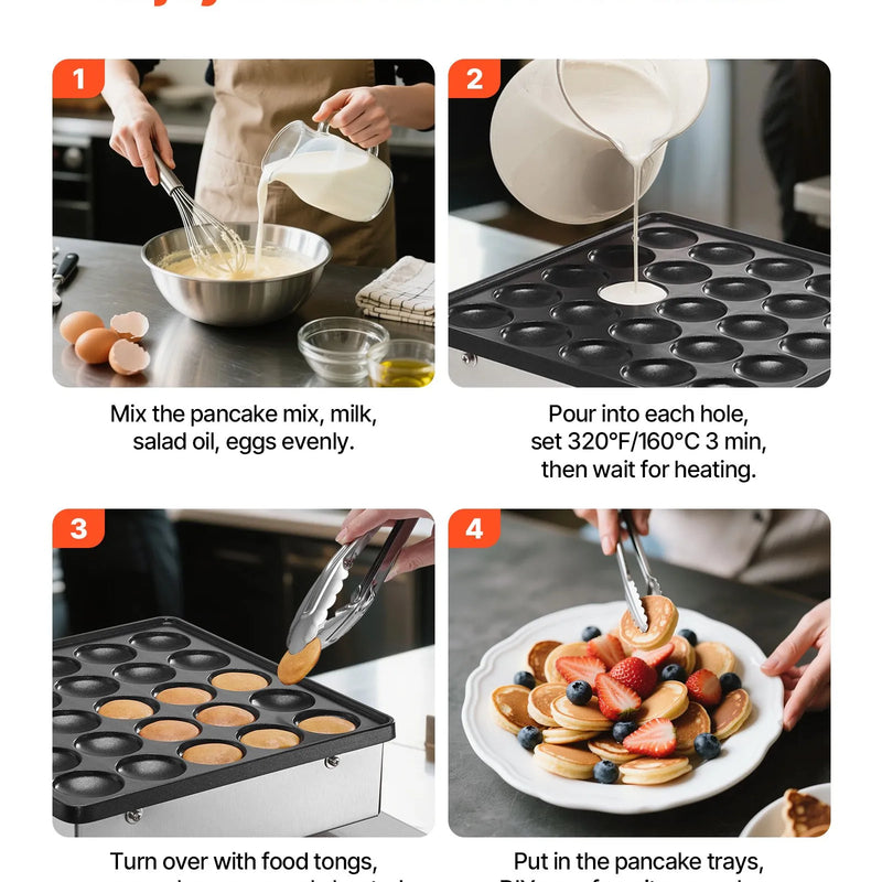 Mini pankūku aparāts, 25 gab. Ø43 mm, nerūsējošā tērauda poffertjes grils ar nepiedegošu pārklājumu, elektriska komerciālā dorayaki mašīna ar temperatūras un laika kontroli