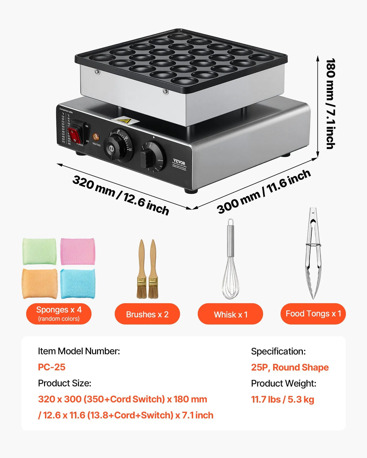 VEVOR Mini Pancake (Poffertjes) Machine 25 Pieces Ø43 mm with Temperature and Time Control