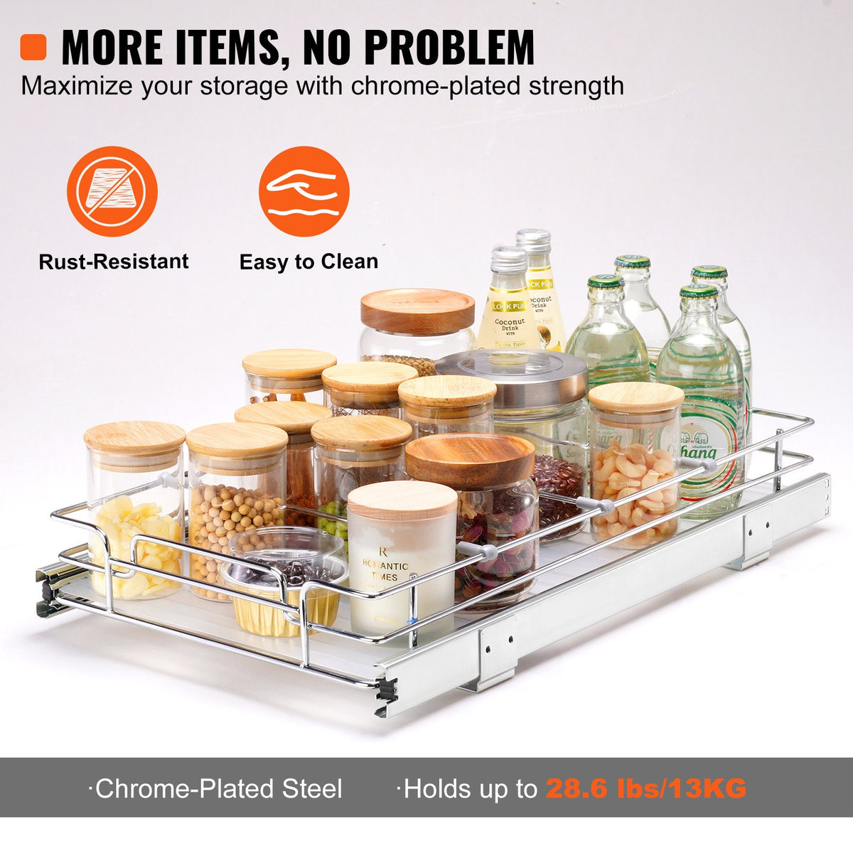 VEVOR 28 cm x 53 cm Pull-Out Cabinet Organiser, Heavy-Duty Chrome Steel Sliding Drawers, Storage for Kitchen, Bathroom, Under Sink