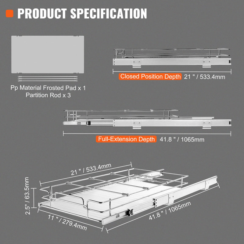 VEVOR 28 cm x 53 cm Ievilkšanas Skapja Organizators, Smagās Klases Hroma Tērauda Slīdošās Atvilktnes, Uzglabāšanai Virtuvē, Vannasistabā, Zem Izlietnes