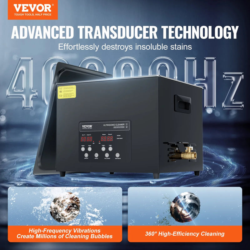 VEVOR 15 l ultraskaņas tīrītājs, 360 W digitāla ultraskaņas tīrīšanas iekārta ar saudzīgo režīmu un uzlabotu degazēšanu, 40 kHz industriāls ultraskaņas tīrītājs ar sildīšanu un taimeri retainieru, juvelierizstrādājumu un instrumentu tīrīšanai