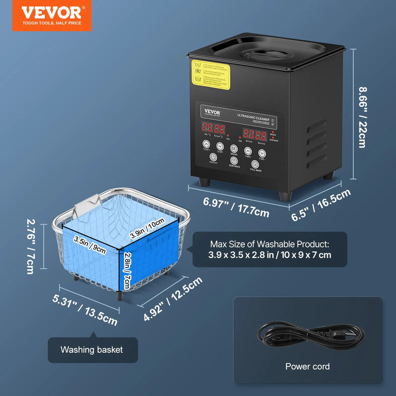 VEVOR 2 l ultraskaņas tīrītājs, 60 W digitāla ultraskaņas tīrīšanas iekārta ar saudzīgo režīmu un uzlabotu degazēšanu, 40 kHz ultraskaņas tīrītājs ar sildīšanu un taimeri juvelierizstrādājumu, briļļu, instrumentu un retainieru tīrīšanai