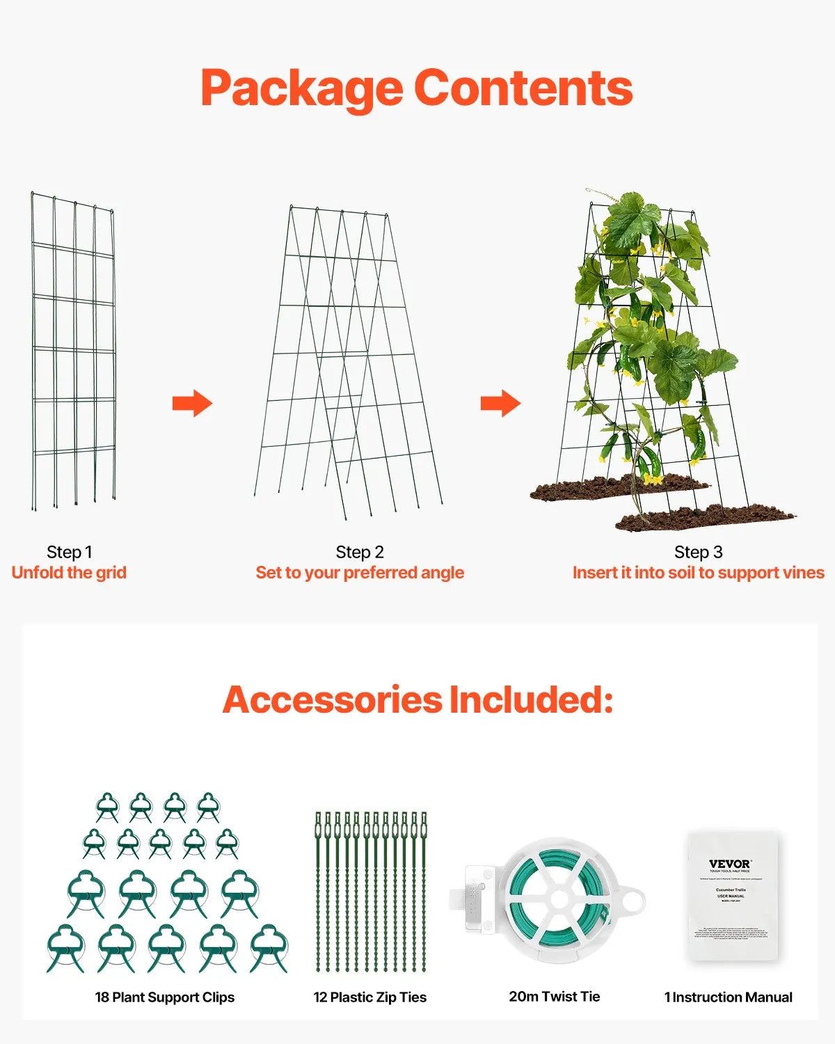 VEVOR Cucumber Trellis for Climbing Plants 99.1 × 81.3 cm, Foldable Metal Garden Trellis with Cable Ties, Plant Support for Raised Beds Cucumbers Tomatoes Pumpkins and Vegetables