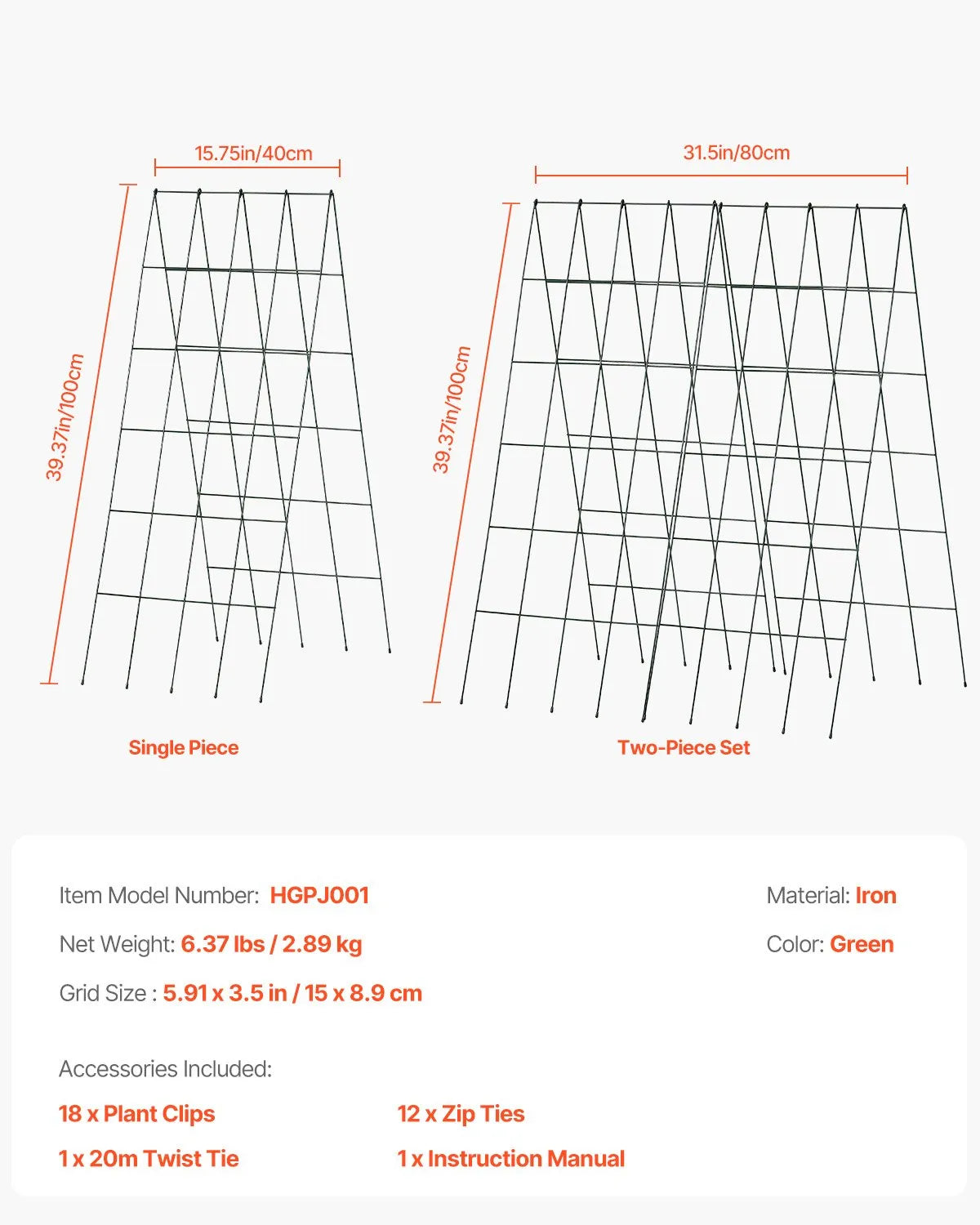 VEVOR Cucumber Trellis for Climbing Plants 99.1 × 81.3 cm, Foldable Metal Garden Trellis with Cable Ties, Plant Support for Raised Beds Cucumbers Tomatoes Pumpkins and Vegetables