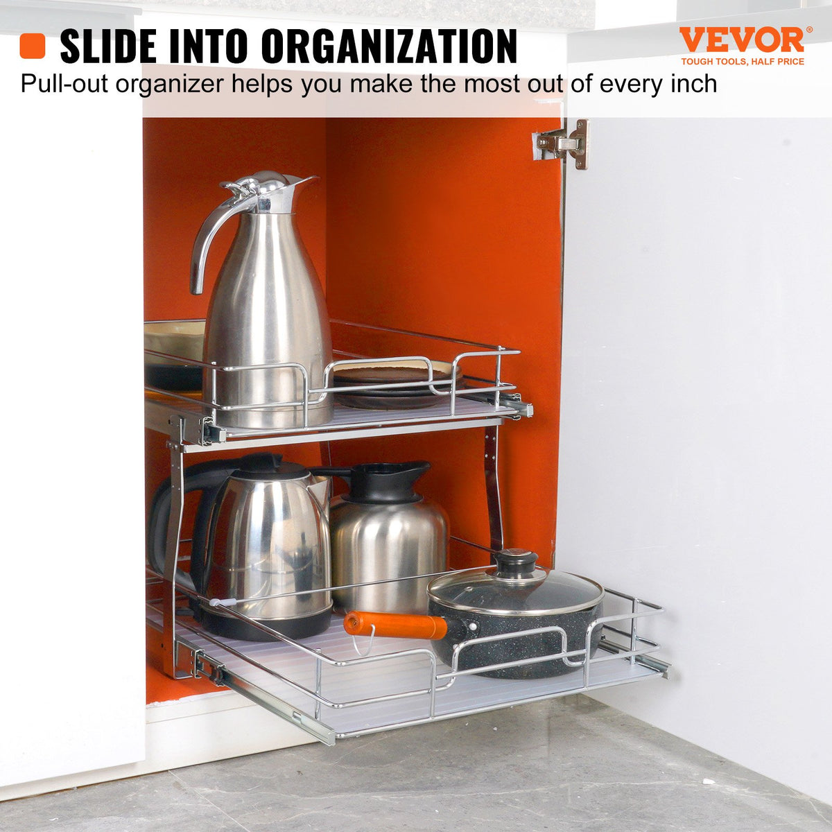 VEVOR 2-Tier Pull-Out Cabinet Organiser, 510 × 535 × 380 mm, Heavy-Duty Steel Pull-Out Shelves with Sliding Mechanisms, Storage Drawers for Home, Installation Size 546 × 560 × 457 mm
