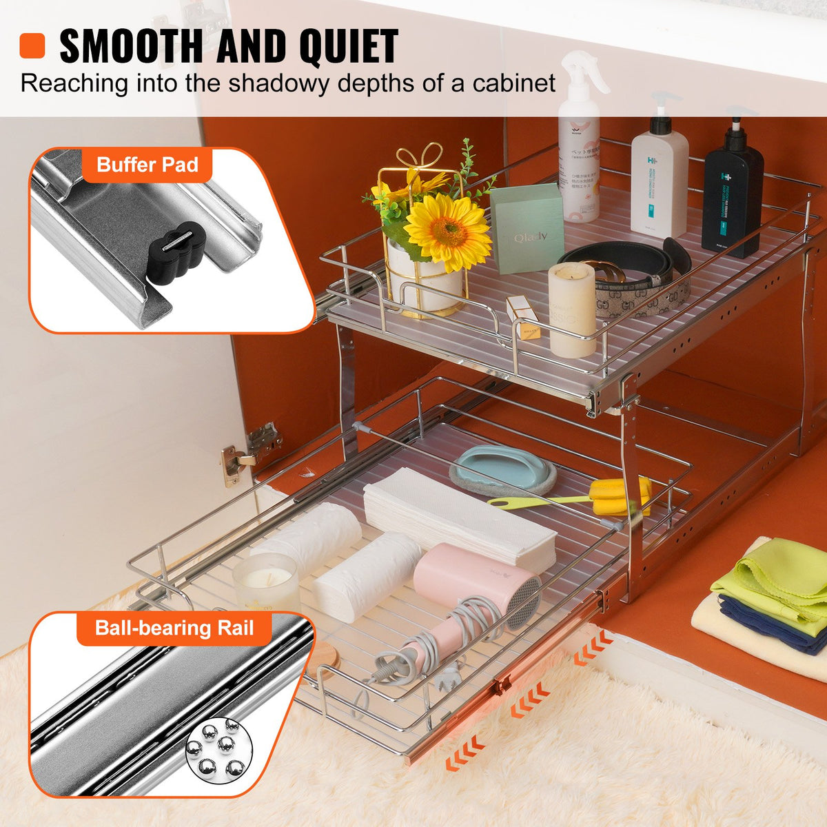 VEVOR 2-Tier Pull-Out Cabinet Organiser, 510 × 535 × 380 mm, Heavy-Duty Steel Pull-Out Shelves with Sliding Mechanisms, Storage Drawers for Home, Installation Size 546 × 560 × 457 mm