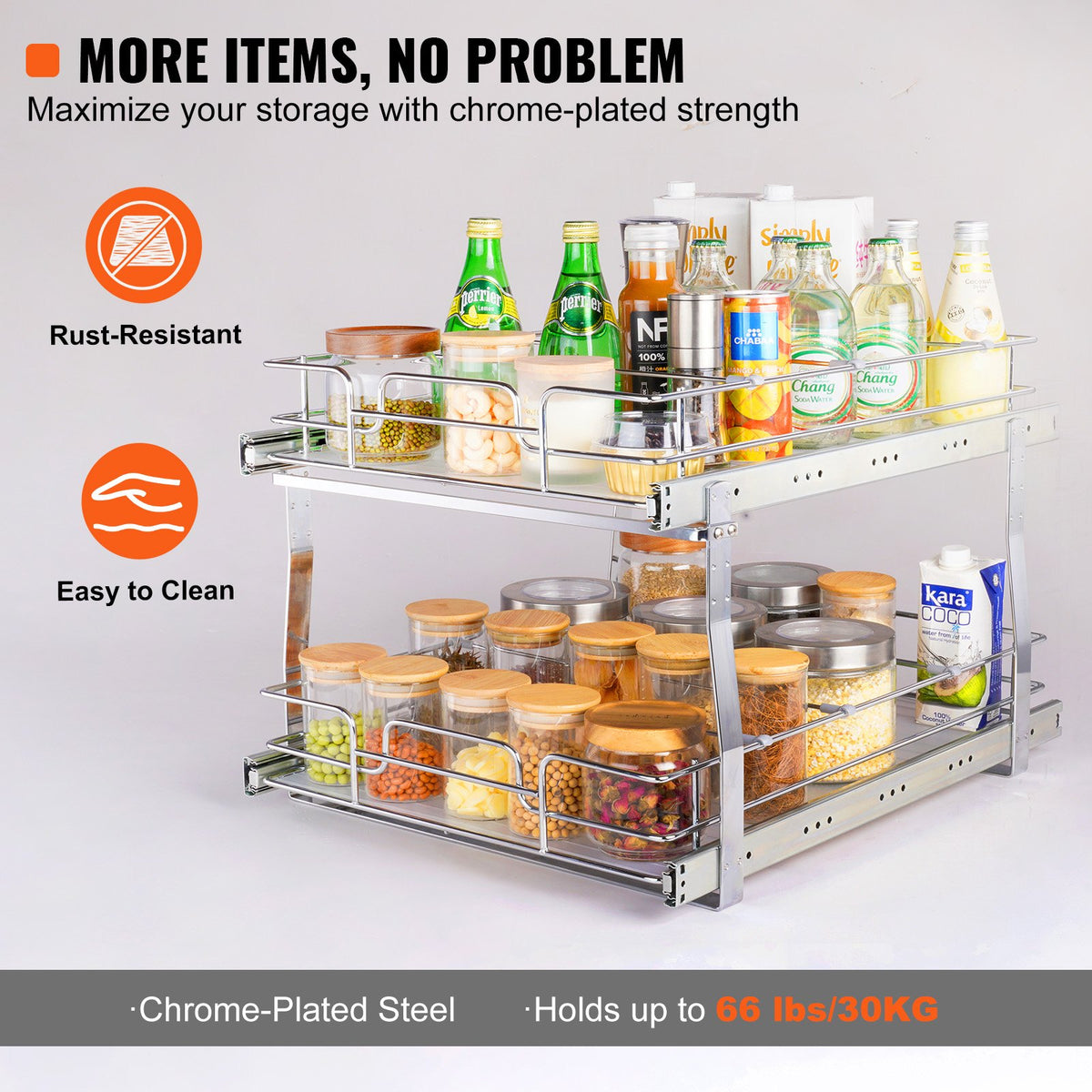 VEVOR 2-Tier Pull-Out Cabinet Organiser, 510 × 535 × 380 mm, Heavy-Duty Steel Pull-Out Shelves with Sliding Mechanisms, Storage Drawers for Home, Installation Size 546 × 560 × 457 mm