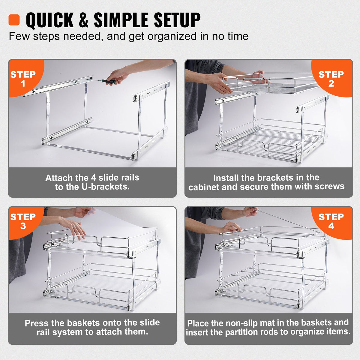 VEVOR 2-Tier Pull-Out Cabinet Organiser, 510 × 535 × 380 mm, Heavy-Duty Steel Pull-Out Shelves with Sliding Mechanisms, Storage Drawers for Home, Installation Size 546 × 560 × 457 mm