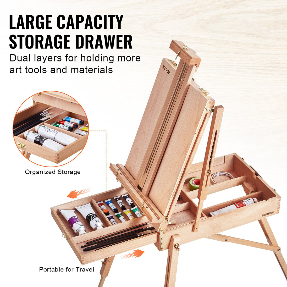 VEVOR French Easel with Drawers, Foldable, Beech Wood, Canvas up to 86 cm
