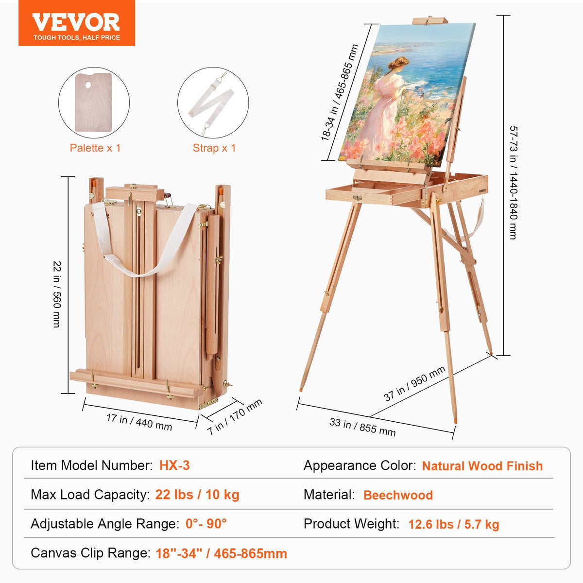 VEVOR French Easel with Drawers, Foldable, Beech Wood, Canvas up to 86 cm