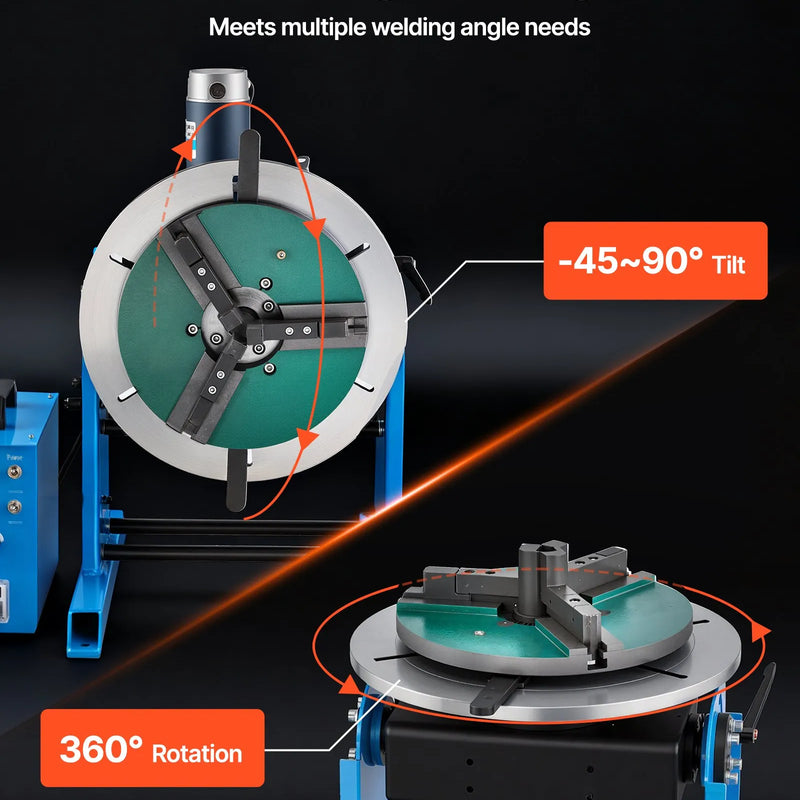 VEVOR rotējošais metināšanas pozicionētājs, 200 kg celtspēja, –45° līdz 90° slīpuma leņķis, metināšanas rotācijas galds ar 0,5–5 apgr./min ātruma regulēšanu, elektriskā vadība un kājas pedālis, paredzēts griešanai, slīpēšanai un montāžai