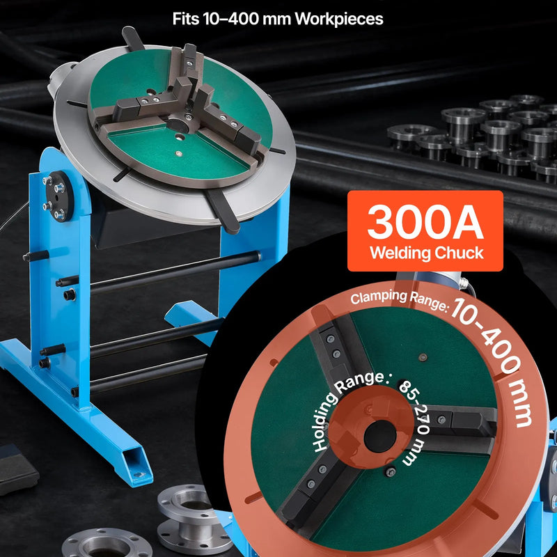VEVOR rotējošais metināšanas pozicionētājs, 200 kg celtspēja, –45° līdz 90° slīpuma leņķis, metināšanas rotācijas galds ar 0,5–5 apgr./min ātruma regulēšanu, elektriskā vadība un kājas pedālis, paredzēts griešanai, slīpēšanai un montāžai