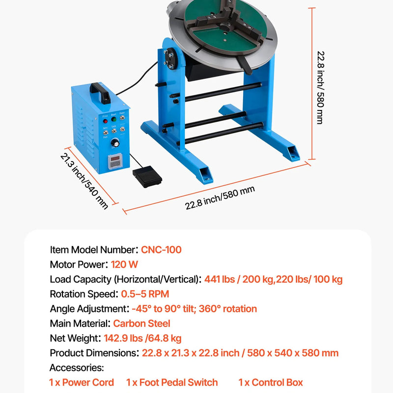VEVOR rotējošais metināšanas pozicionētājs, 200 kg celtspēja, –45° līdz 90° slīpuma leņķis, metināšanas rotācijas galds ar 0,5–5 apgr./min ātruma regulēšanu, elektriskā vadība un kājas pedālis, paredzēts griešanai, slīpēšanai un montāžai