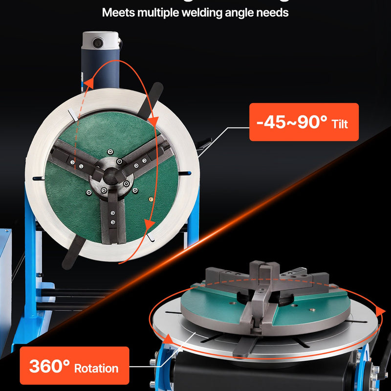 VEVOR rotējošais metināšanas pozicionētājs, 300 kg celtspēja, –45° līdz 90° slīpuma leņķis, metināšanas rotācijas galds ar 0,2–2,5 apgr./min ātruma regulēšanu, elektriskā vadība un kājas pedālis griešanai, slīpēšanai un montāžai
