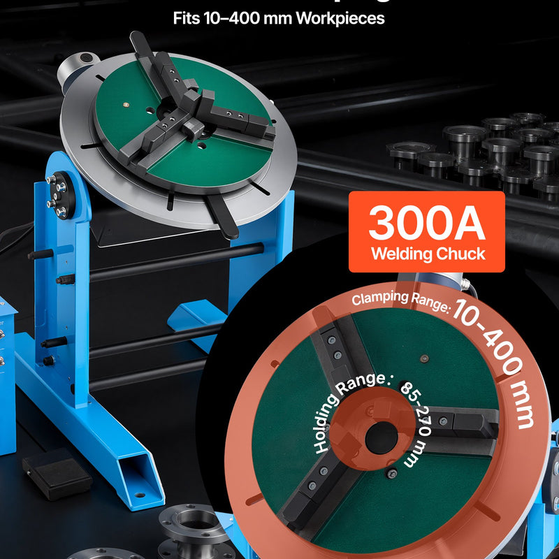 VEVOR rotējošais metināšanas pozicionētājs, 300 kg celtspēja, –45° līdz 90° slīpuma leņķis, metināšanas rotācijas galds ar 0,2–2,5 apgr./min ātruma regulēšanu, elektriskā vadība un kājas pedālis griešanai, slīpēšanai un montāžai