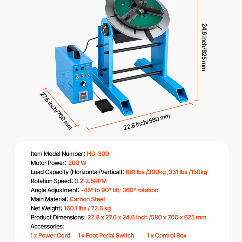VEVOR rotējošais metināšanas pozicionētājs, 300 kg celtspēja, –45° līdz 90° slīpuma leņķis, metināšanas rotācijas galds ar 0,2–2,5 apgr./min ātruma regulēšanu, elektriskā vadība un kājas pedālis griešanai, slīpēšanai un montāžai
