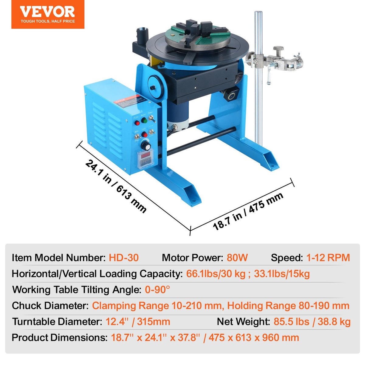 VEVOR pöörlev keevituspositsioneerija 30 kg, 0–90°, 1–12 p/min, 80 W, 315 mm padruniga