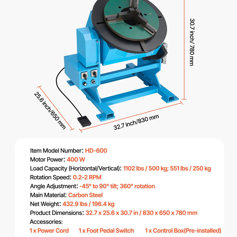 VEVOR rotējošais metināšanas pozicionētājs, 500 kg celtspēja, –45° līdz 90° slīpuma leņķis, metināšanas rotācijas galds ar 0,2–2 apgr./min ātruma regulēšanu, elektriskā vadība un kājas pedālis griešanai, slīpēšanai un montāžai