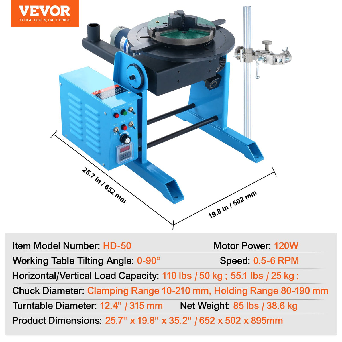 VEVOR Rotary Welding Positioner 50 kg, 0–90°, 0.5–6 rpm, 120 W, with 315 mm Chuck