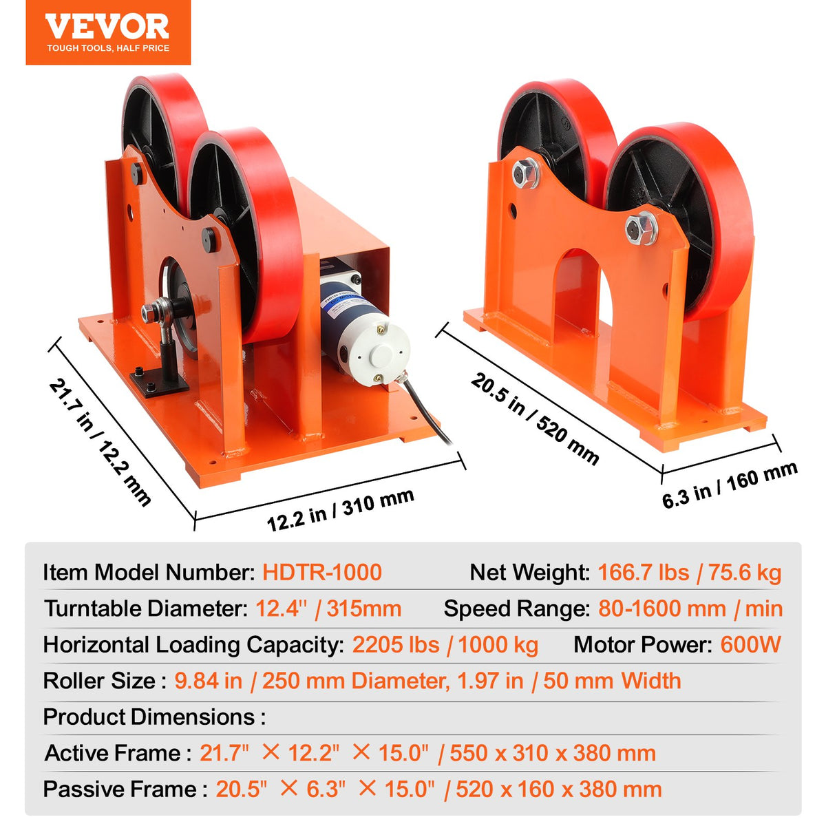 VEVOR Welding Rotator Rolls 1000 kg, Ø 25–1400 mm, 80–1600 mm/min, with Synchronized Control