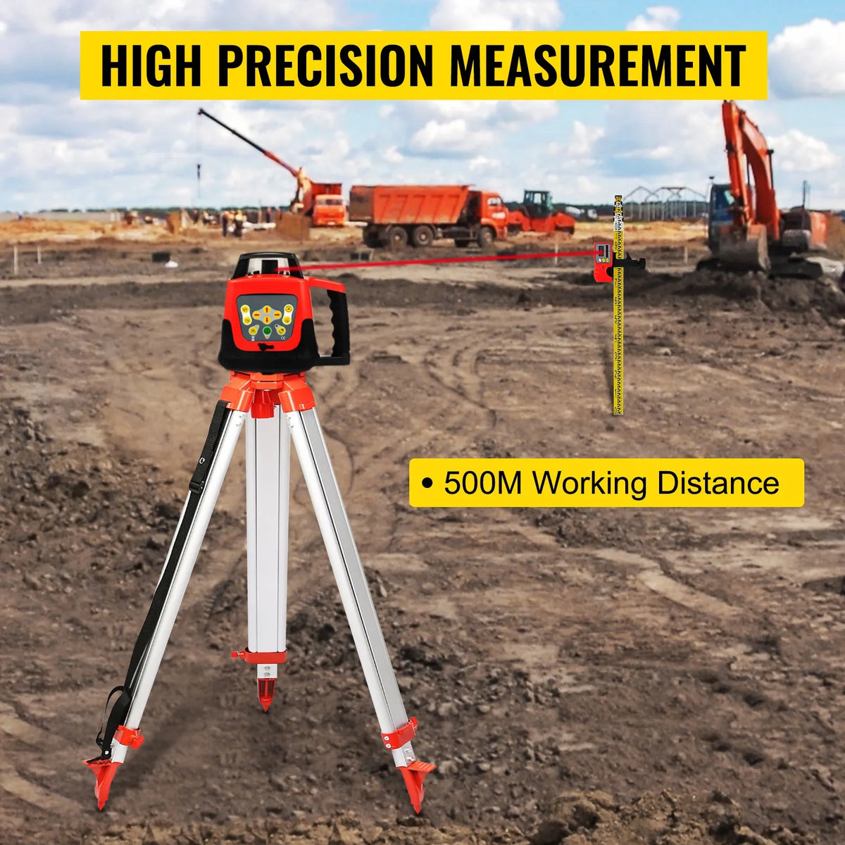 VEVOR Red Rotating Self-Levelling Laser Level with Automatic Levelling, 360° Rotation Scanning, Working Range up to 500 m, Includes Tripod and 5 m Measuring Tape