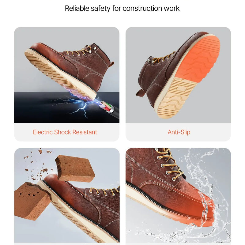 45_VEVOR darba zābaki ar tērauda purngalu, izmērs UK 10.5 (ES 45), ūdensizturīgi vīriešu “Moc Toe” darba zābaki ar neslīdošu EVA gumijas zoli, viegli un elpojoši, piemēroti industriālajam un būvniecības darbam, brūni