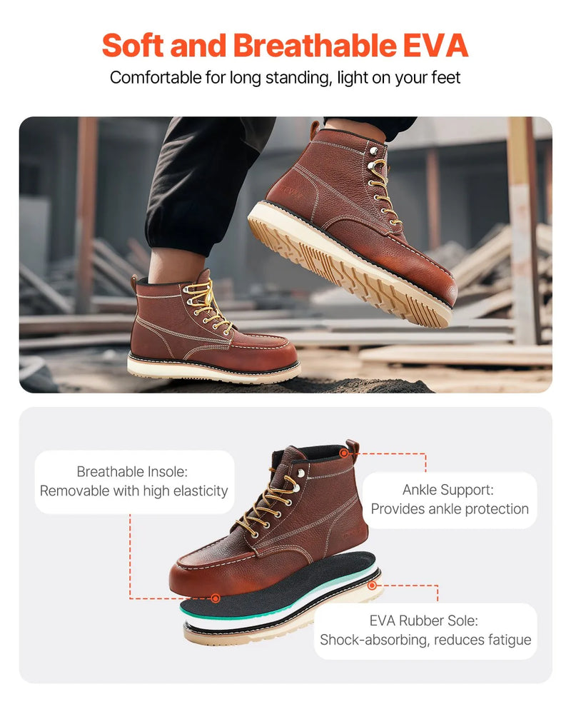 44_VEVOR darba zābaki ar tērauda purngalu, izmērs UK 10 (ES 44), ūdensizturīgi vīriešu “Moc Toe” darba zābaki ar neslīdošu EVA gumijas zoli, viegli un elpojoši, piemēroti industriālajam un būvniecības darbam, brūni