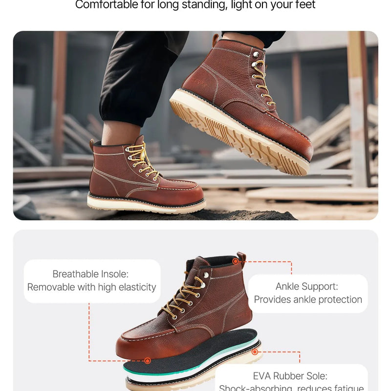 40_VEVOR darba zābaki ar tērauda purngalu, izmērs UK 7 (ES 40), ūdensizturīgi vīriešu “Moc Toe” darba zābaki ar neslīdošu EVA gumijas zoli, viegli un elpojoši, piemēroti industriālajam un būvniecības darbam, brūni