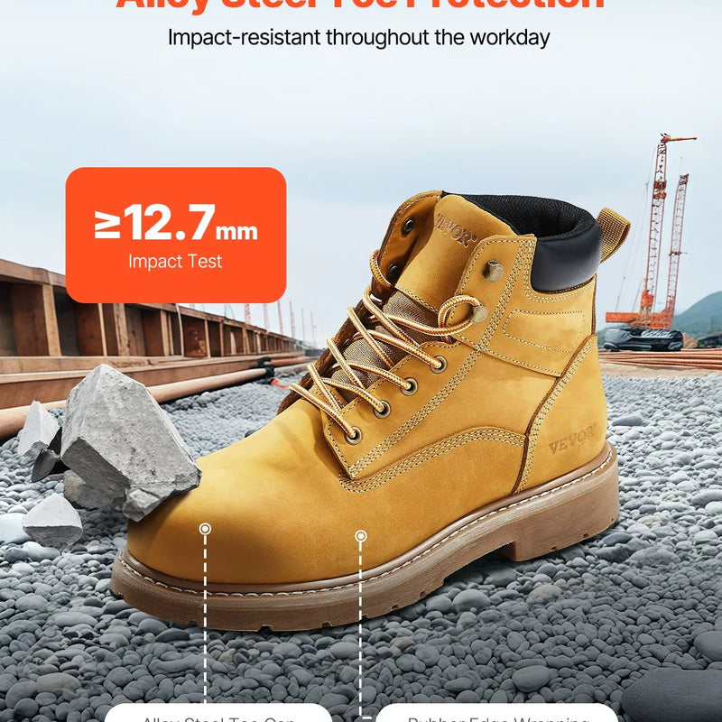 43_ChatGPT saka:  VEVOR darba zābaki ar tērauda purngalu, izmērs UK 9 (ES 43), ūdensizturīgi vīriešu darba zābaki ar neslīdošu gumijas zoli, viegli un elpojoši, piemēroti rūpniecības un būvniecības darbiem, brūni dzelteni