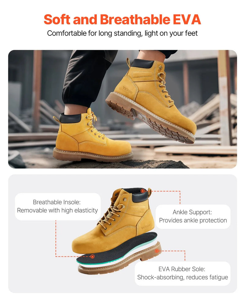 43_ChatGPT saka:  VEVOR darba zābaki ar tērauda purngalu, izmērs UK 9 (ES 43), ūdensizturīgi vīriešu darba zābaki ar neslīdošu gumijas zoli, viegli un elpojoši, piemēroti rūpniecības un būvniecības darbiem, brūni dzelteni