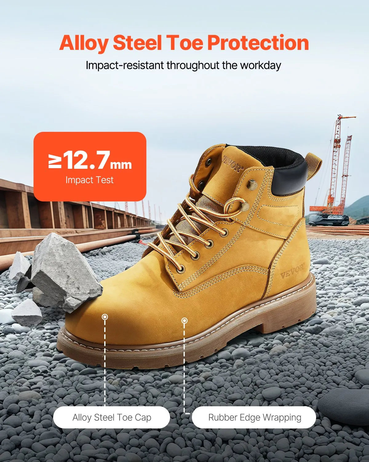 VEVOR Work Boots with Steel Toe Cap, Waterproof, Non-Slip Rubber Sole, Brown Yellow