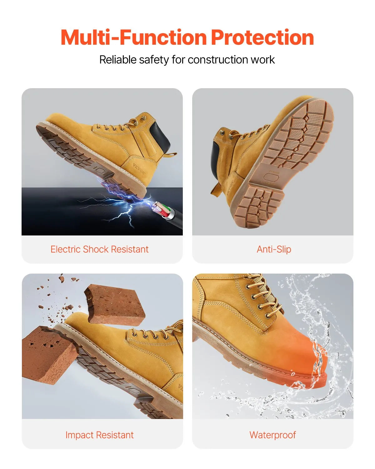 VEVOR Work Boots with Steel Toe Cap, Waterproof, Non-Slip Rubber Sole, Brown Yellow