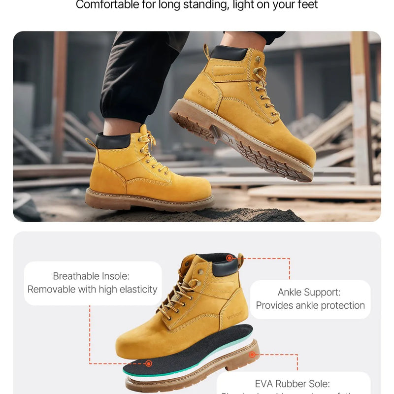 41_VEVOR darba zābaki ar metāla purngalu, izmērs ES 41, ūdensizturīgi vīriešu darba apavi ar neslīdošu zoli, viegli un elpojoši ar gumijas zoli, piemēroti industriālajam un būvniecības darbam, brūni–dzelteni
