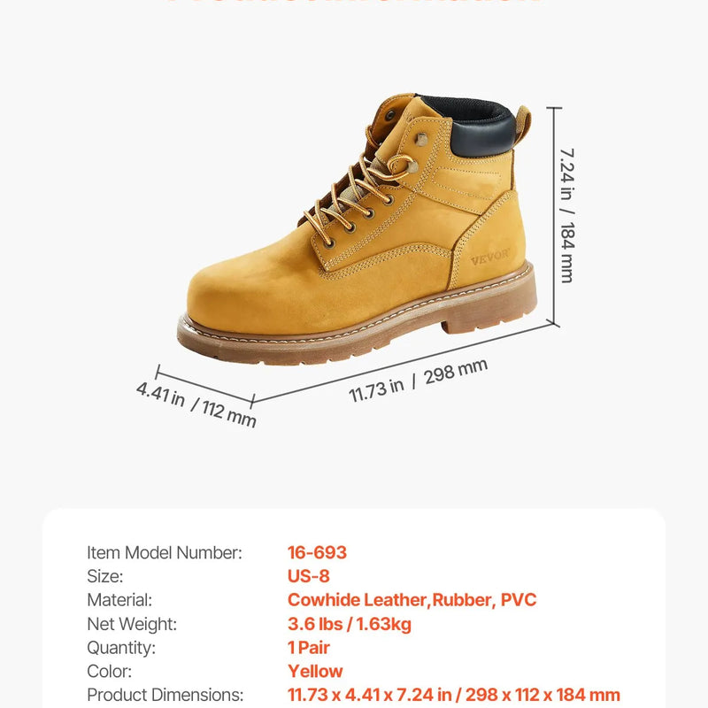 41_VEVOR darba zābaki ar metāla purngalu, izmērs ES 41, ūdensizturīgi vīriešu darba apavi ar neslīdošu zoli, viegli un elpojoši ar gumijas zoli, piemēroti industriālajam un būvniecības darbam, brūni–dzelteni