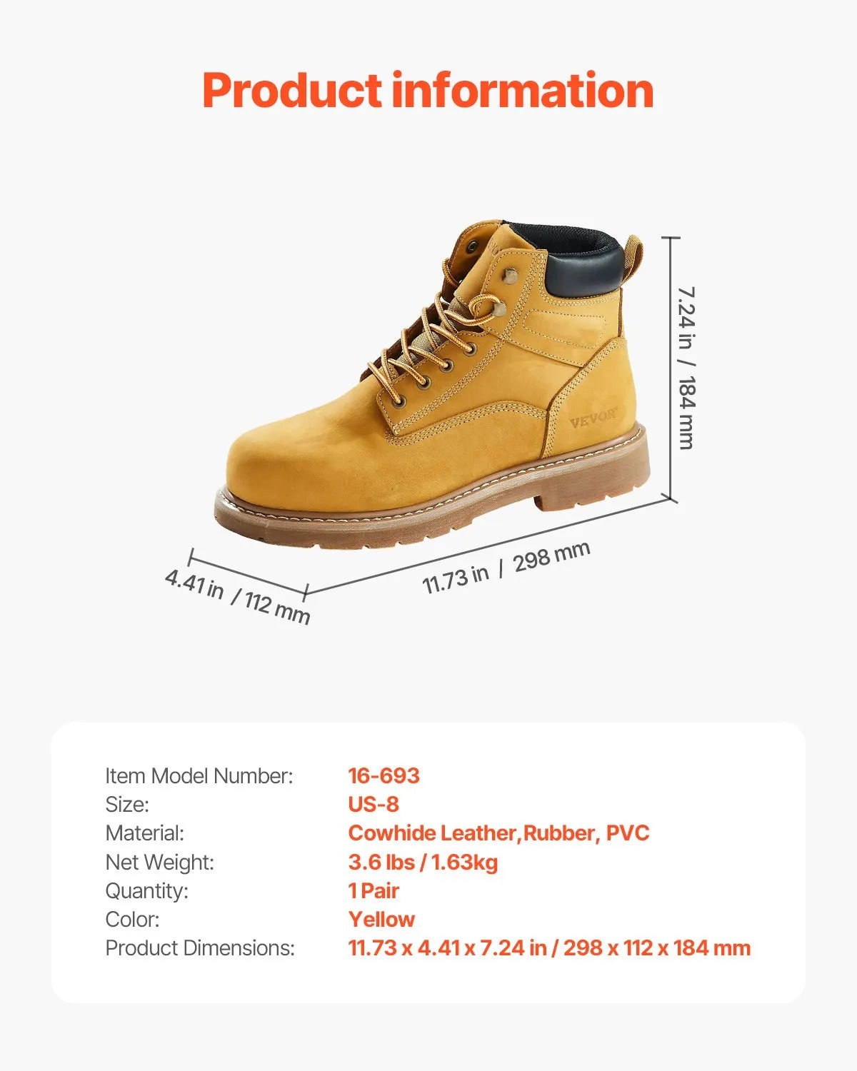 VEVOR Work Boots with Steel Toe Cap, Waterproof, Non-Slip Rubber Sole, Brown Yellow