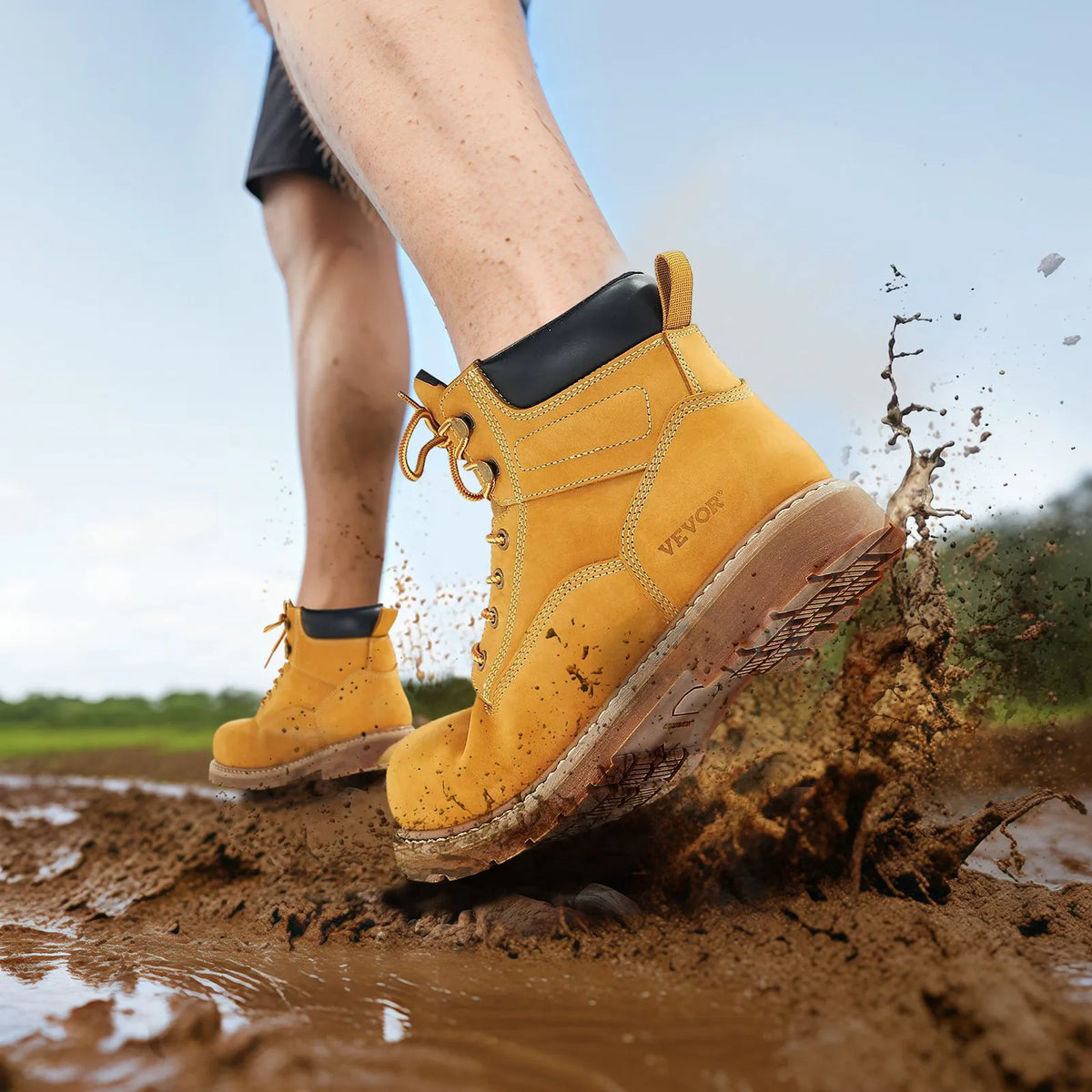 VEVOR Work Boots with Steel Toe Cap, Waterproof, Non-Slip Rubber Sole, Brown Yellow
