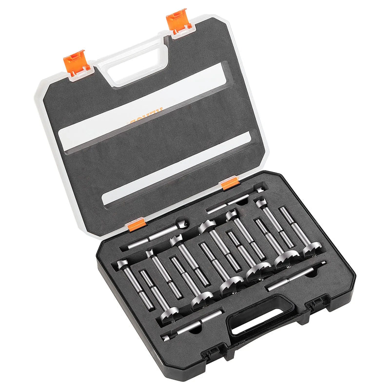 VEVOR Forstnera urbju komplekts, 16 gab., 6,4–41,3 mm, oglekļa tērauds, ar universālu apaļu kātu, Forstnera urbji kokam un kompozītmateriālu plāksnēm, paredzēti kokapstrādei