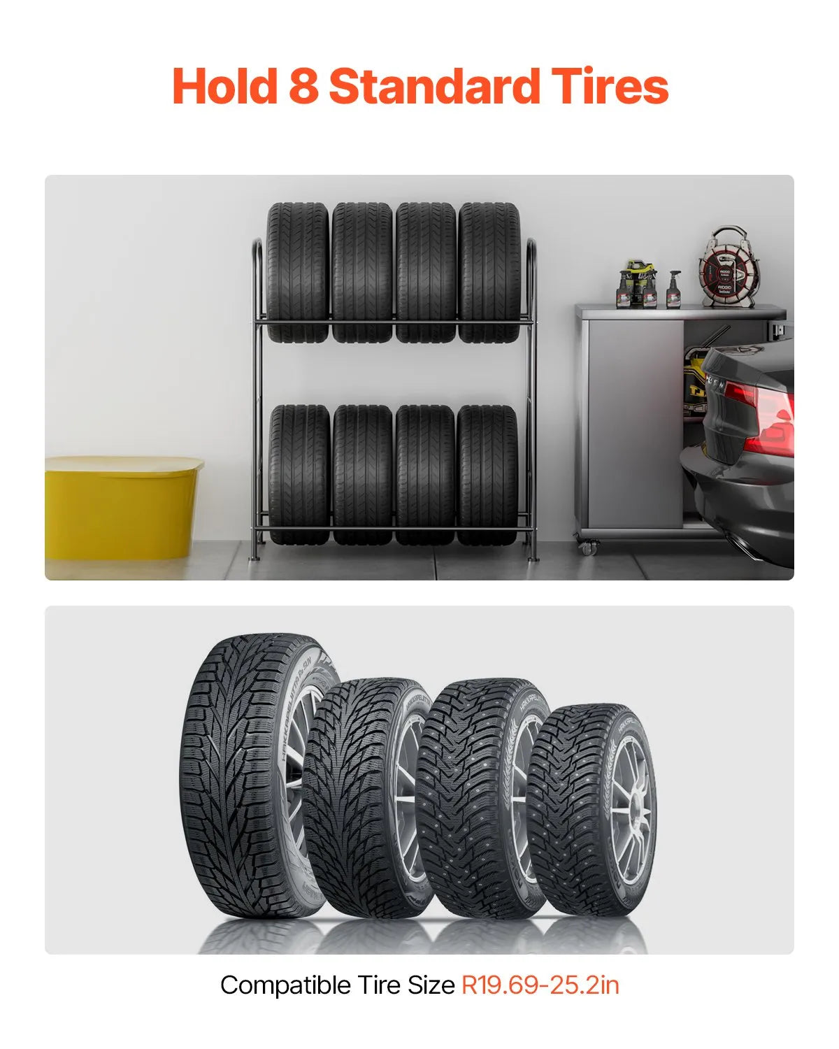 Tyre rack with 2 shelves for up to 8 standard tyres