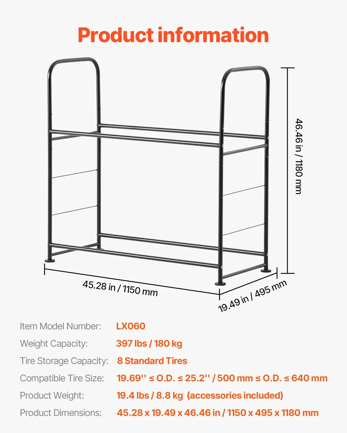 Tyre rack with 2 shelves for up to 8 standard tyres