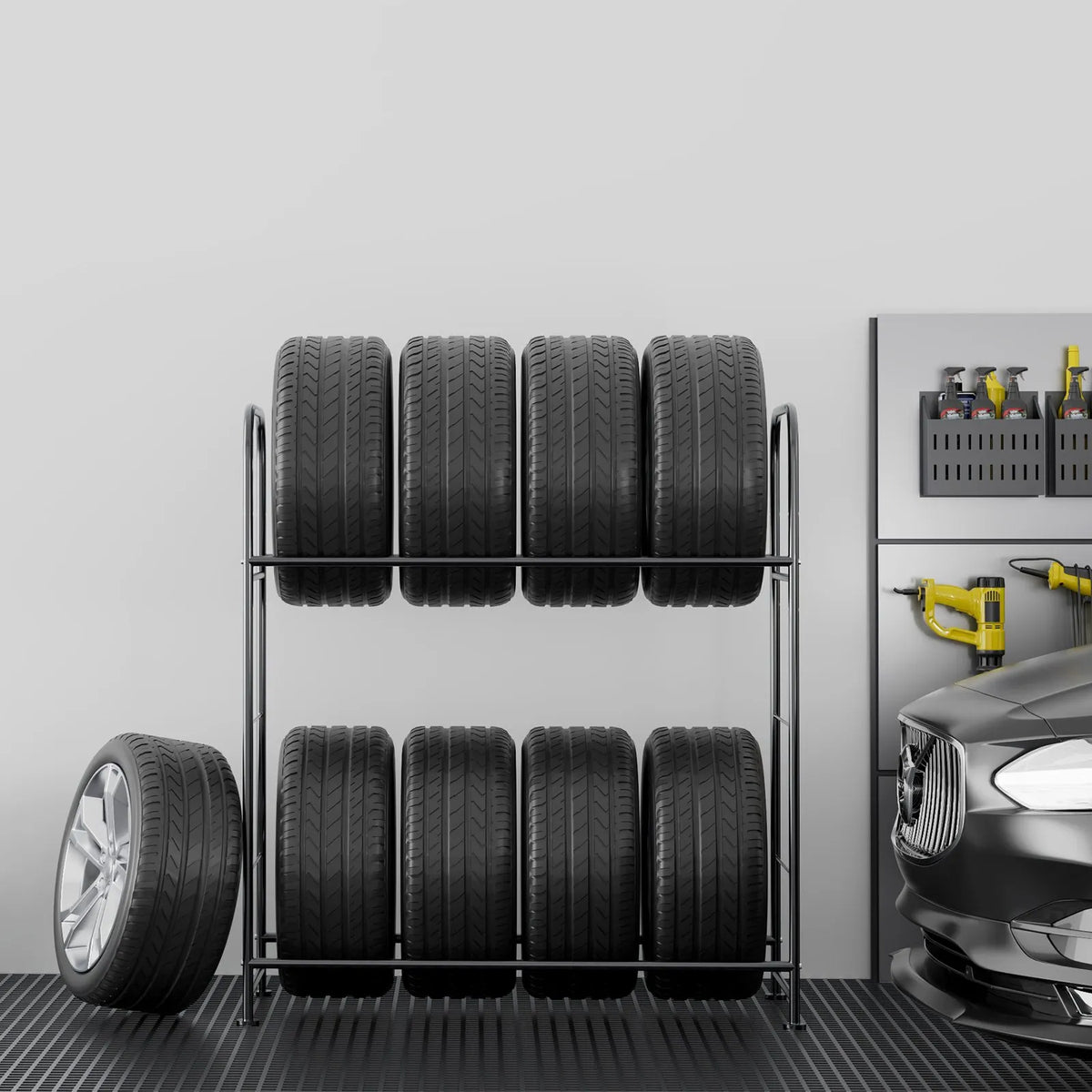 Tyre rack with 2 shelves for up to 8 standard tyres