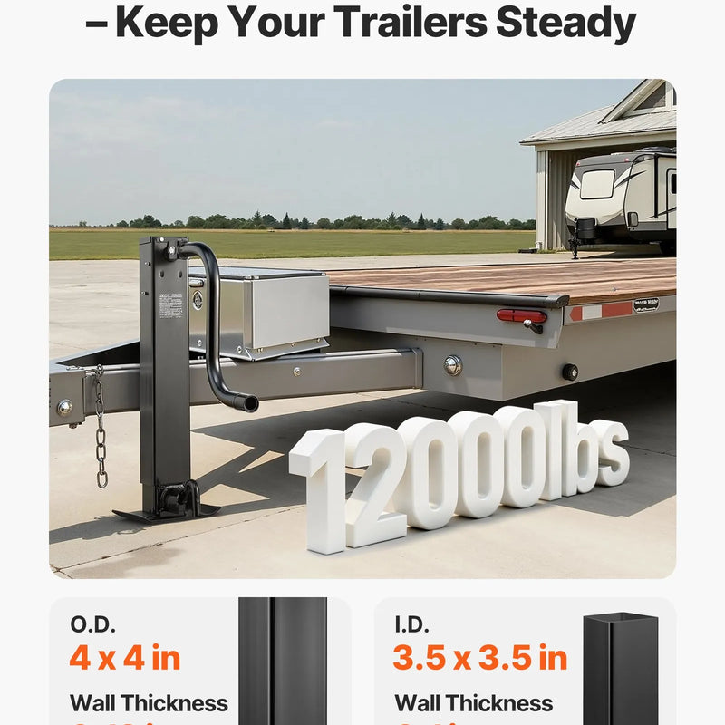 VEVOR smagas slodzes piekabes domkrats 5443 kg, sānu roktura kvadrātveida tiešai piekausēšanai paredzēts domkrats ar kloķa rokturi, regulējama nolaižama kāja, pacelšanas gājiens 674 mm kemperu, utilitāro un jahtu piekabēm